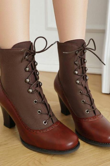 Lace Up Front Women Heeled Ankle Boots