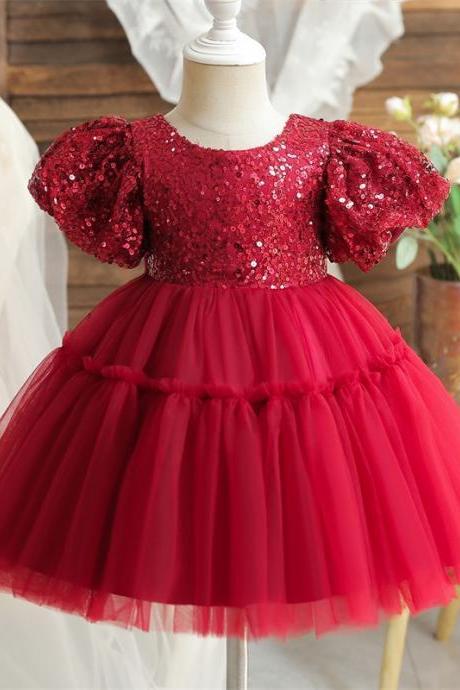 Puffy Sleeves Sequin And Tulle Girl Dress