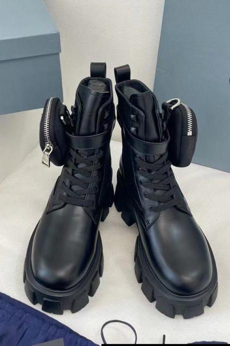 Black Leather-look Cleated Sole Women Boots
