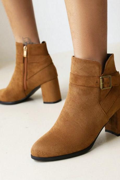 Camel Zip Side Chunky Heel Ankle Boots
