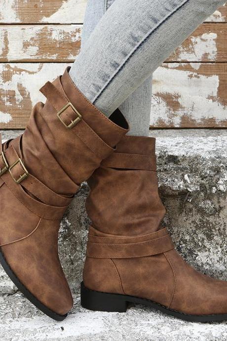 Buckled Wide Fit Mid Calf Women Boots