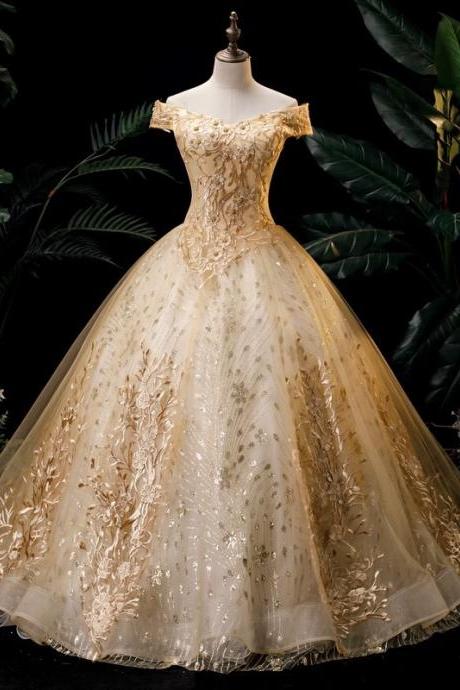Off Shoulder Gold Ball Gown Pageant Dress Evening Gown