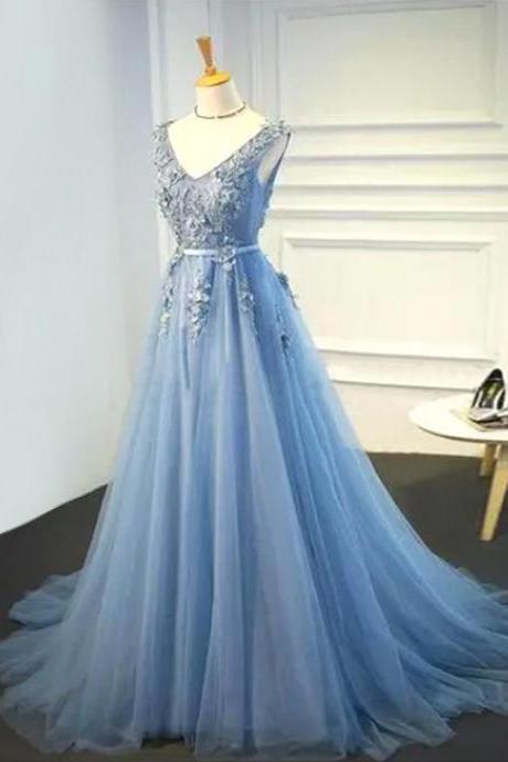 V Neck Blue Long Special Occasion Dress Evening Gown