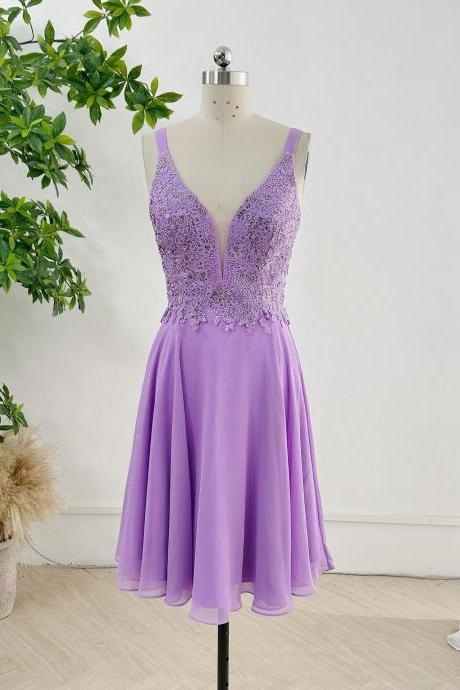 V Neck Lavender Chiffon Short Prom Dress