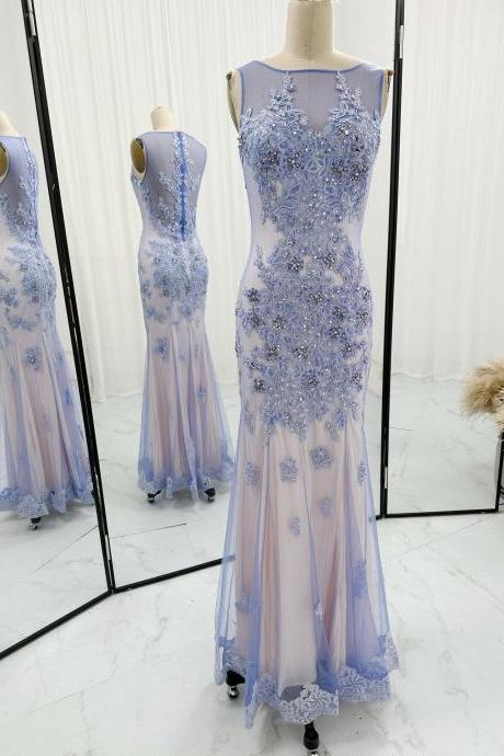 Champagne/blue Trumpet Formal Occasion Dress With Illusion Back Floor Length Evening Gowns