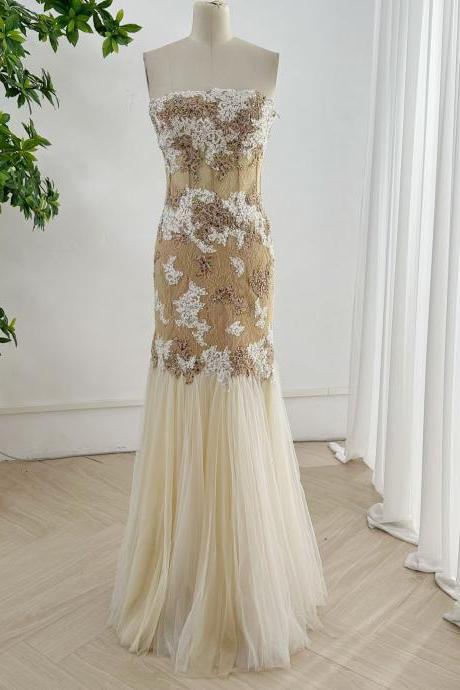 Strapless Sheath Gold Prom Dress With Beaded Appliques
