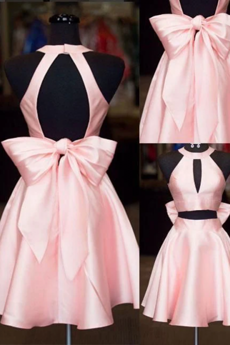 Short 2 Pieces Pink Party Dress With Removable Bow Tie