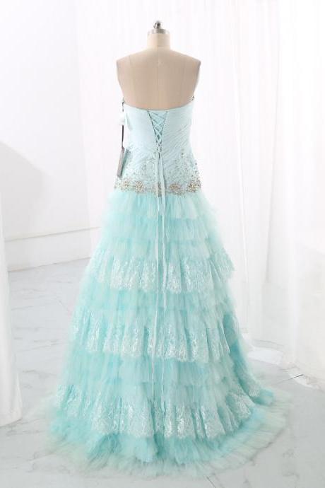 Strapless Ice Blue Lace Tulle Prom Dress Formal Evening Gown