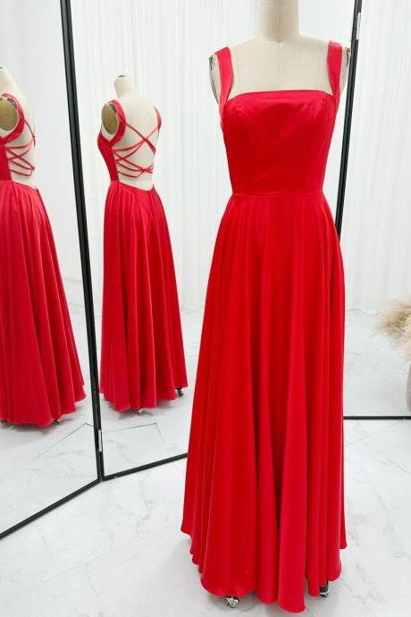 Floor Length Red Long Prom Dress With Strappy Back