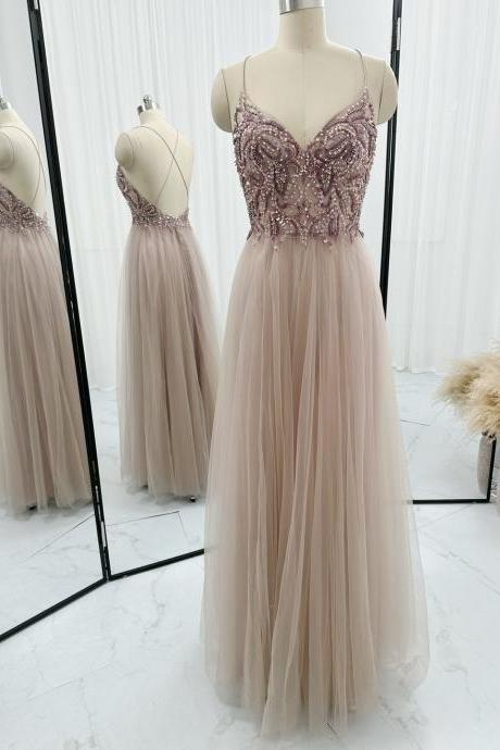 Floor Length Tulle Prom Dress With Beaded Sheer Bodice