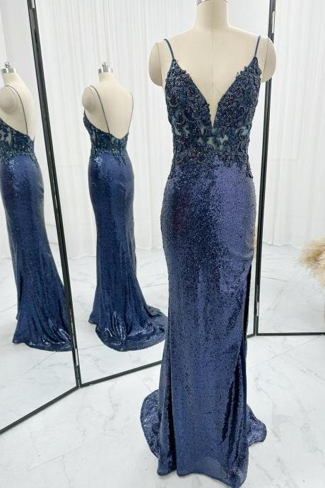 Spaghetti Straps Plunging Neck Navy Sequin Prom Dress