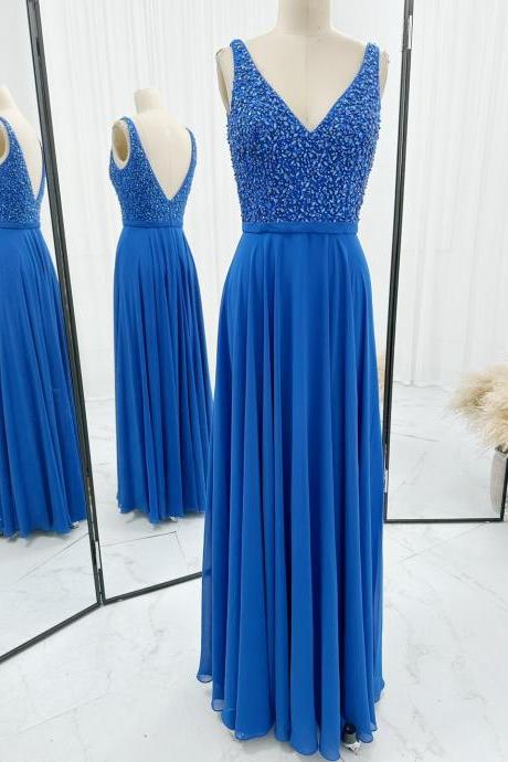 V Neck Royal Blue Long Chiffon Prom Dress With Beaded Bodice