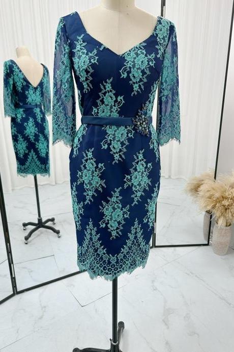 Half Sleeves Navy Short Formal Occasion Dress With Turquoise Lace Overlay