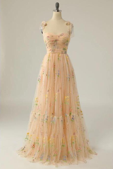 Champagne Floral Maxi Dress Long Formal Gown
