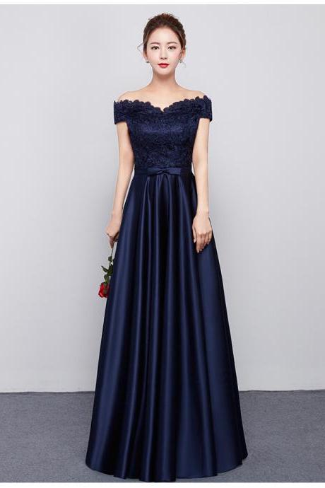 Off Shoulder Dark Navy Floor Length Long Pageant Dress Evening Gown