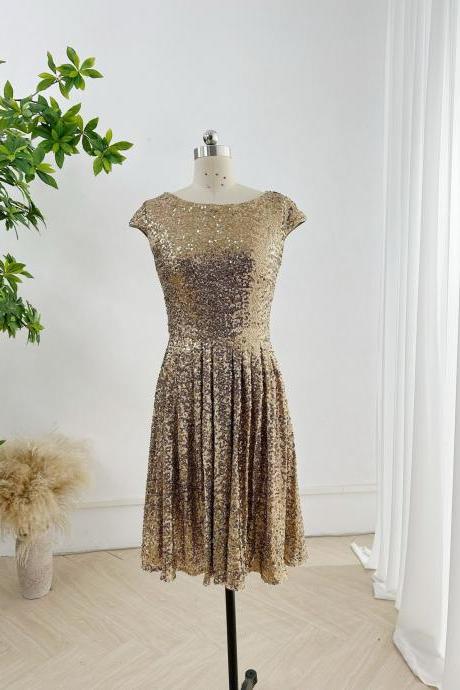 Cap Sleeves Champagne Sequin Short Party Dress With Keyhole Back