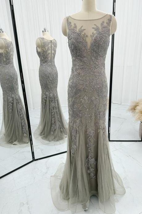 Appliqued Grey Sheath Formal Occasion Dress Evening Gown With Flounce Skirt