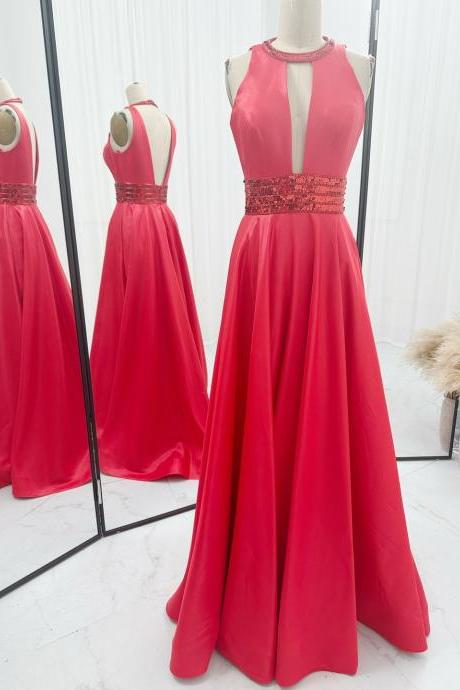 Halter Long Red Satin Prom Dress Evening Gown