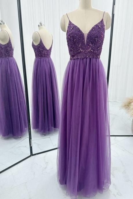 Spaghetti Straps Purple Tulle Prom Dress With Beads
