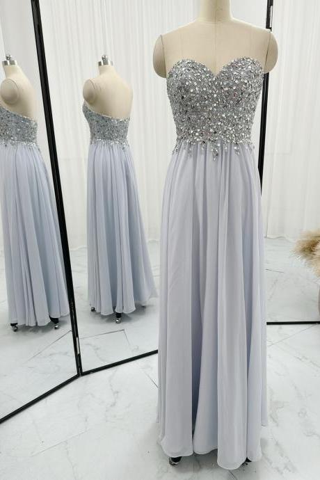 Sweetheart Neckline Floor Length Silver Prom Dresses
