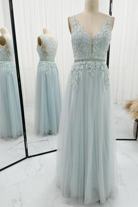 Plunging Neck Ice Blue Long Prom Dress