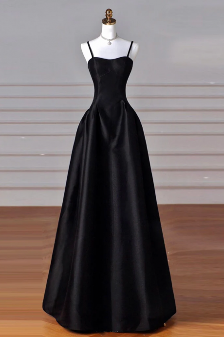 Spaghetti Straps Floor Length Black Satin Formal Occasion Dress Evening Gown