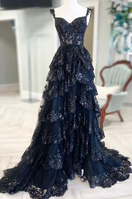 Tiered Black Pageant Dress