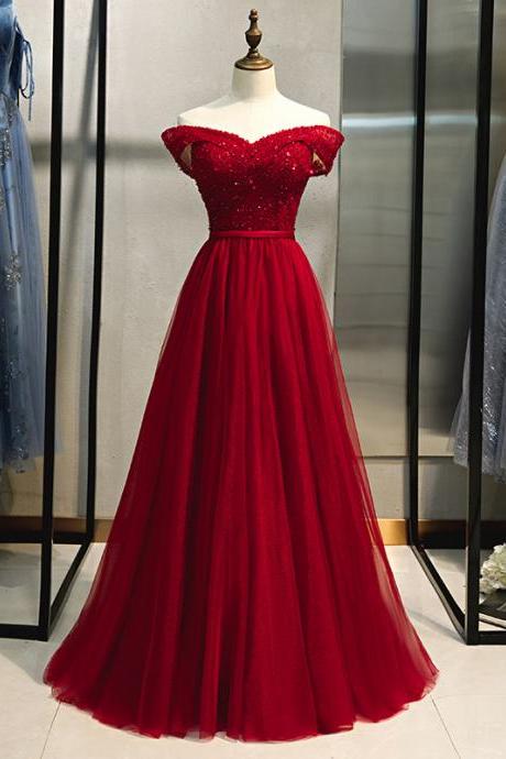 Off Shoulder Dark Red Formal Occasion Dress Evening Gown With Beaded Bodice