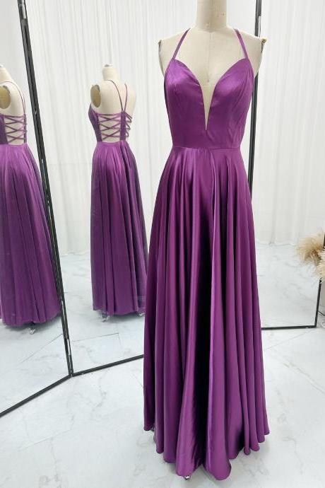 Plunging Neck Purple Prom Dress With Strappy Back