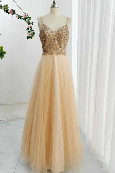 Champagne Prom Dress With Beaded Bodice