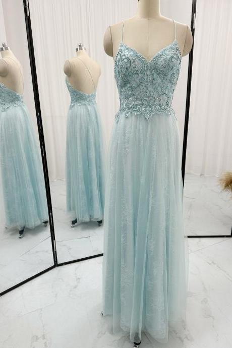 Floor Length Light Blue Prom Dress