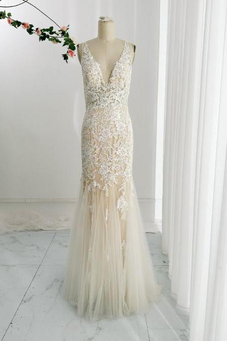 V Neck Sheath Champagne Prom Dress With Ivory Lace