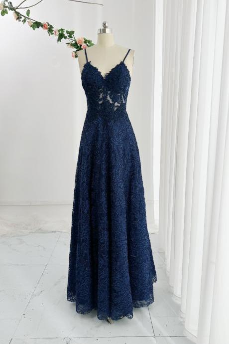 Spaghetti Straps Evening Gown V Neck Dark Blue Lace Formal Occasion Dress