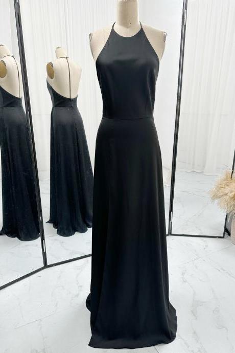 Halter Black Simple Prom Dress Long Evening Gown