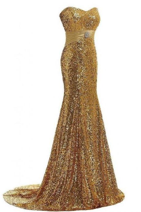 Sweetheart Neckline Sheath Gold Sequin Formal Dress Long Evening Gown