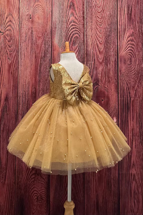 Gold Sequin Pearled Girl Dress