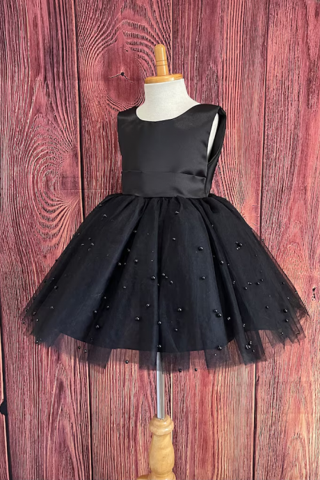 Black Knee Length Girl Dress With Pearls