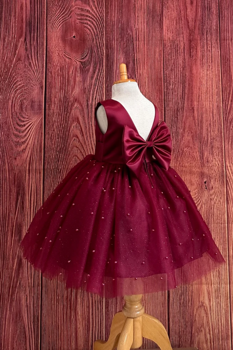 Burgundy Girl Dress With Pearls