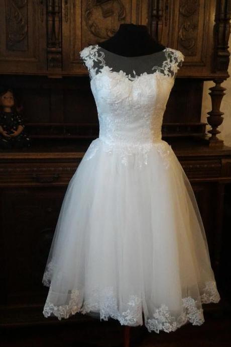 Scoop Neckline Little White Dress Short Wedding Dress Knee Length Graduation Dress