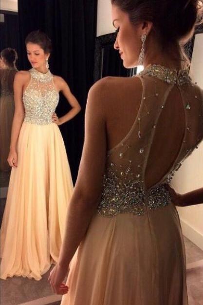 Women's Fashion Fully Beaded Bodice And Chiffon Skirt Prom Party Dress With Keyhole Back