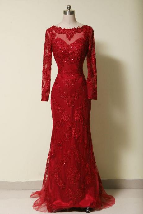 Women's Fashion Long Sleeves Court Train Red Lace Evening Dress Prom Gown With Sequins