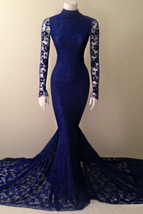 High Collar Navy Blue Mermaid Lace Prom Dress Formal Occasion Dress With Long Sleeves
