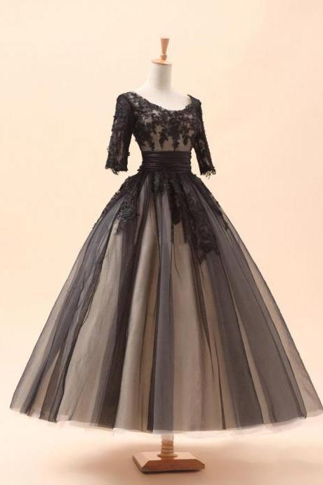 3/4 Sleeves Champagne Lining With Black Lace Overlay Tea Length Formal Occasion Dress
