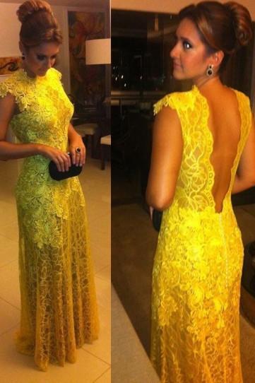 Yellow Special Occasion Lace Dress Floor Length Party Dress