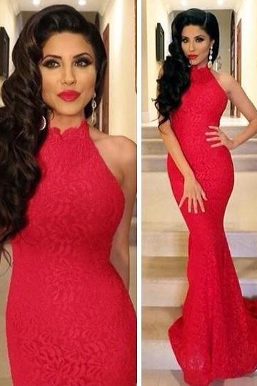 High Neck Red Lace Mermaid Prom Dress