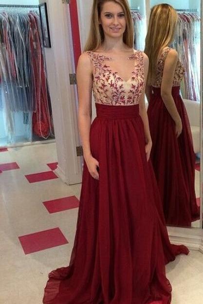 Boat Neckline Prom Dress With Appliques And Beadings