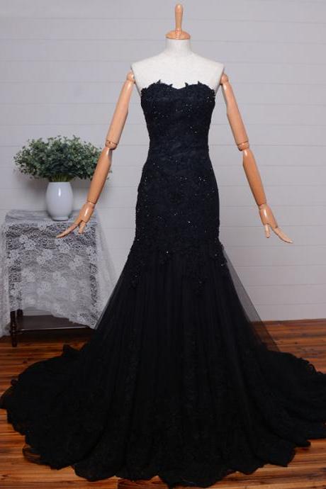 Sweetheart Black Lace Formal Occasion Prom Party Dress With Beadings