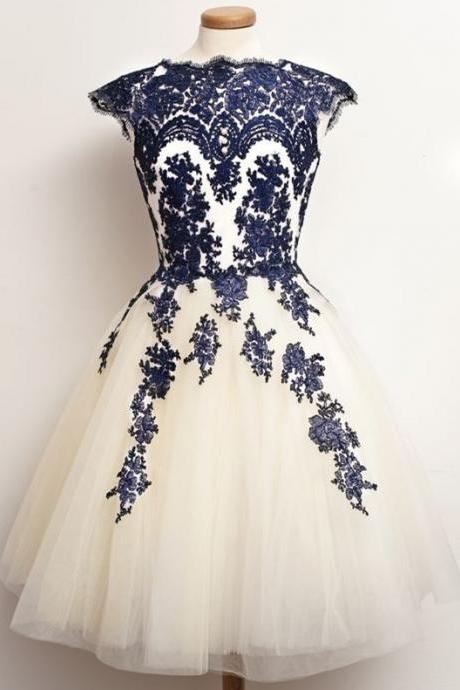 Navy Blue Lace Appliques over Ivory Tulle Short Knee Length Graduation Party Dress