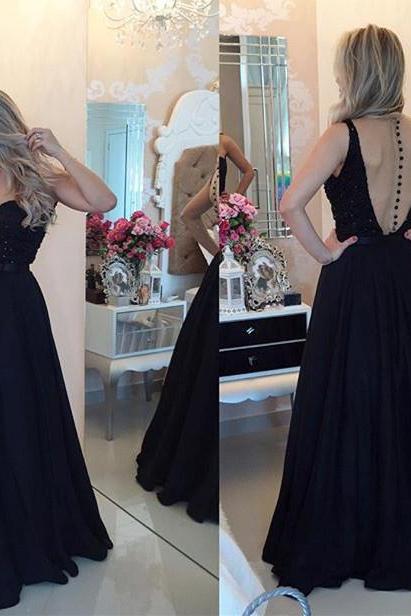 Black Beaded Embellished Sweetheart Illusion Floor Length Chiffon A-line Evening Dress Featuring Illusion Open Back, Prom Dress