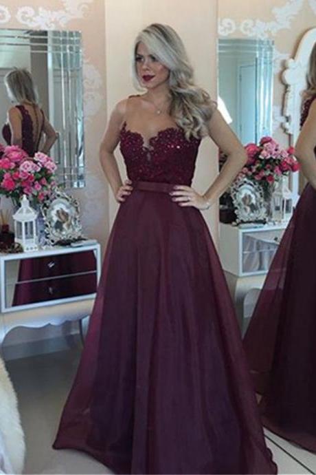 Maroon Illusion Neckline Prom Dress With Maroon Pearls And Bow